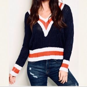 The Vintage Shop V Neck Cable Bold Stripe Sweater